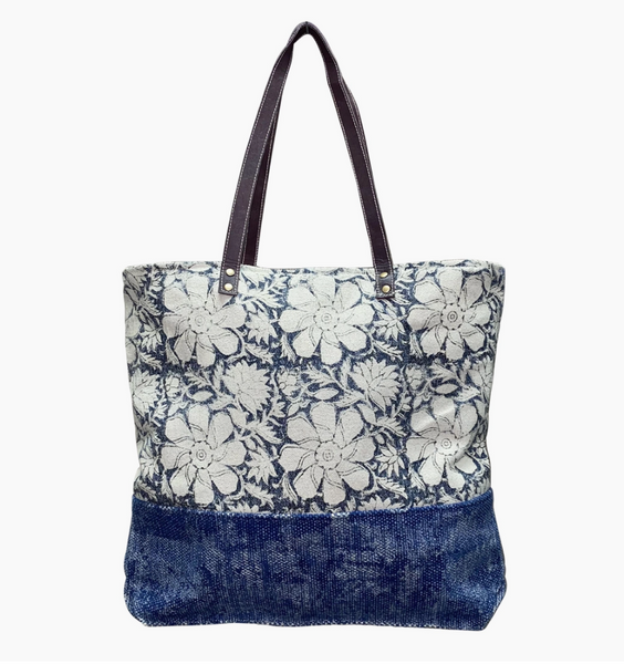 Hand blocked Tapestry Blue Floral Tote