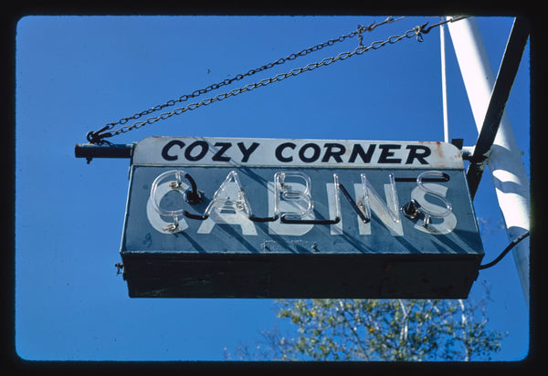 John Margolies:  Cozy Corner Cabins sign, Saint Johnsbury, Vermont