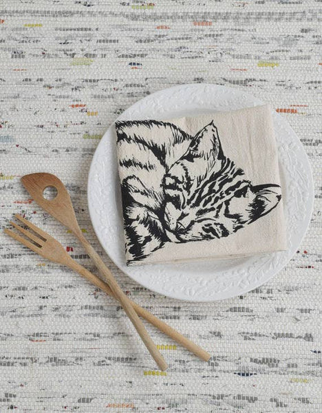 Hearth and Harrow - Organic Cotton Sleeping Cat Tea Towel in Black - Kitty Towel