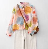 Whisper Mint - Vintage Floral Long-Sleeve Shirt| Loose-Fit Blouse| 4 pcs
