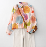 Whisper Mint - Vintage Floral Long-Sleeve Shirt| Loose-Fit Blouse| 4 pcs