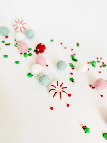 The Mad Padder - Peppermint Candy Wool Felt Ball Garland - Boho Holiday Decor