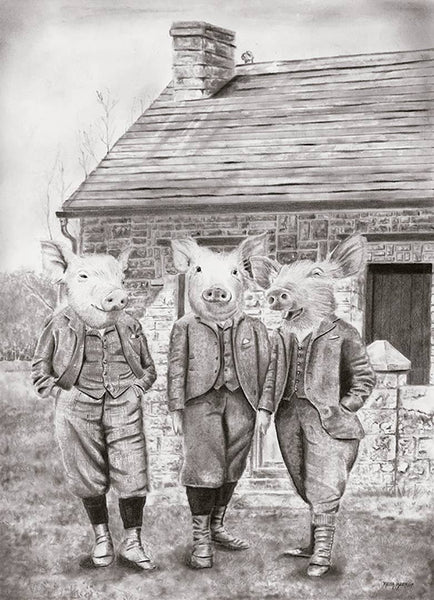Keith Harrop - Postcard. #39 Three Little Pigs. Pencil art, Vintage style