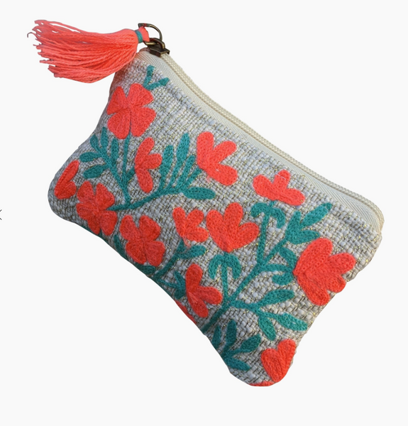 Red Embroidered Floral Coin Purse