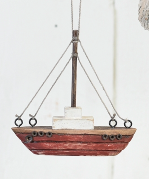 Tiny Wood Boat Ornament, Red - Red