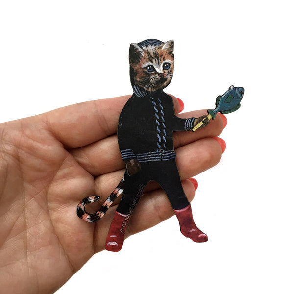 Pergamo Paper Goods - Cat (with Fish Stick) Wood Magnet