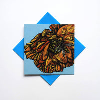 Rachel Meehan, pictures and words... - Blank Floral Greeting Card - Orange Poppy on Blue