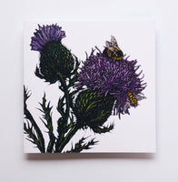 Rachel Meehan, pictures and words... - Blank Floral Greeting  Card -  Thistles and Bees  on White
